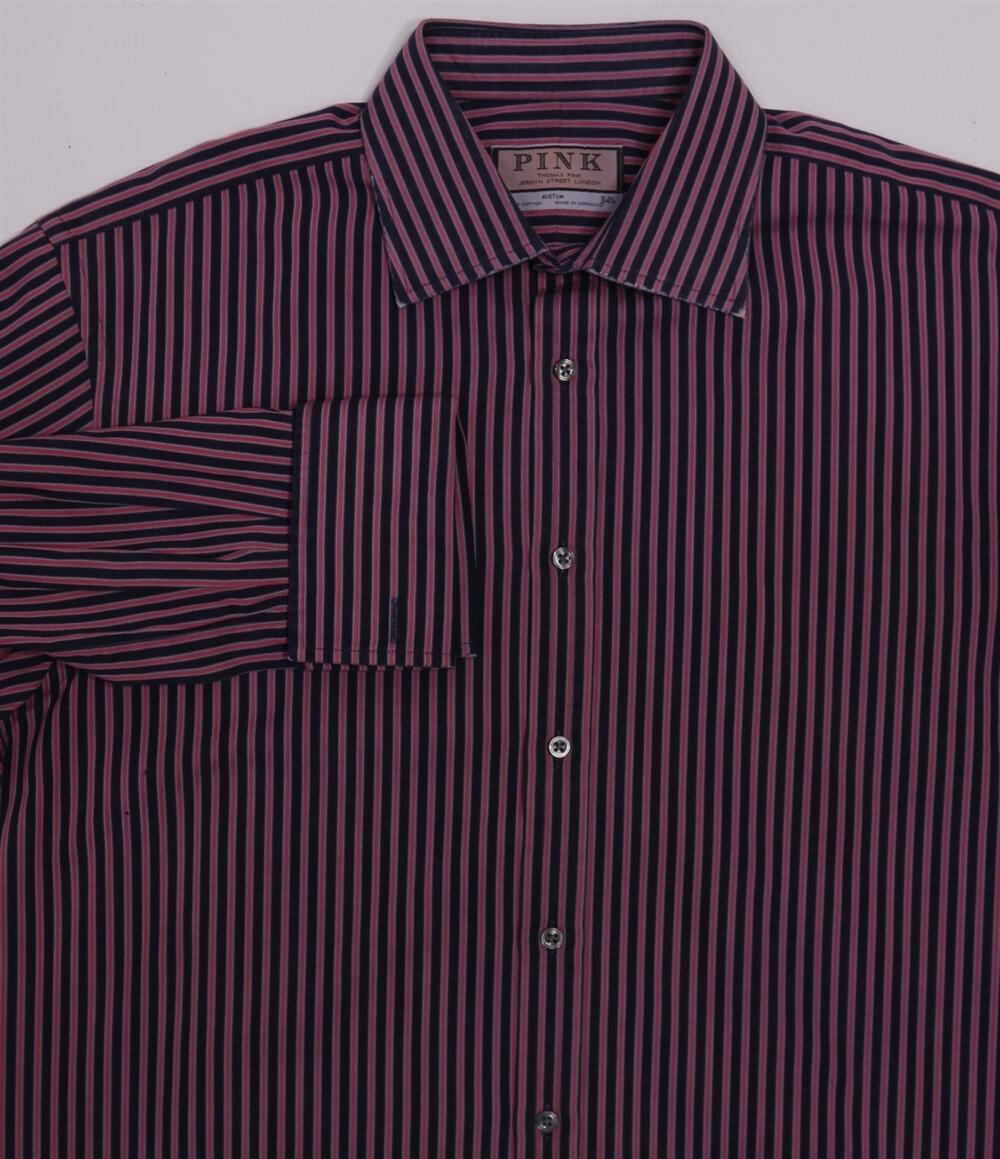 Thomas Pink Black/Pink Striped French Cuff Dress Shirt (41) 16-34/35